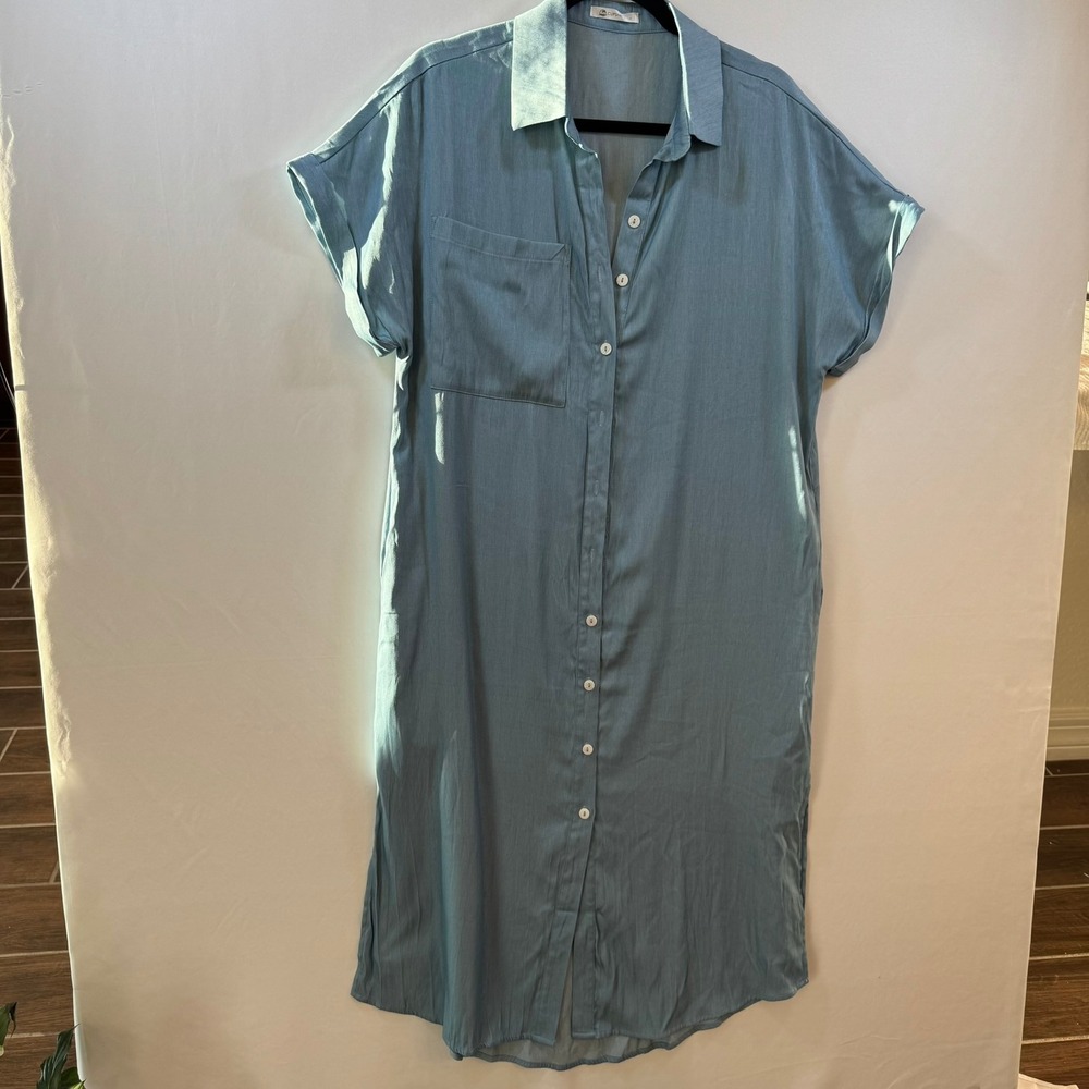 Cupshe Womens Blue Cotton Blend Button Down Midi Shirt Dress Size Large Pocket